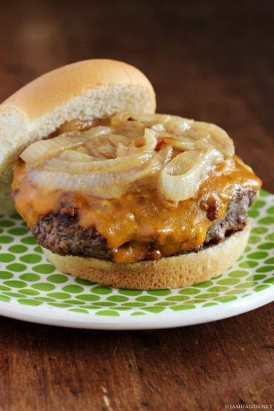 Cheddar Beer Burgers with Caramelized Dijon Onions