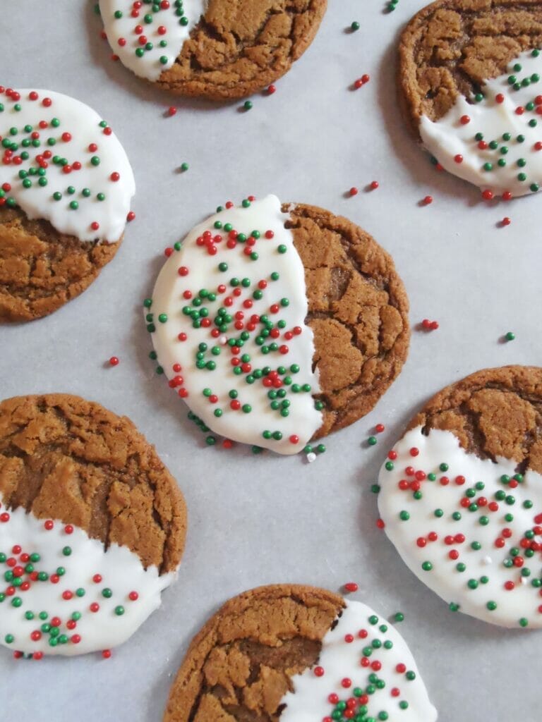 White Chocolate Dipped Chewy Gingerbread Cookies