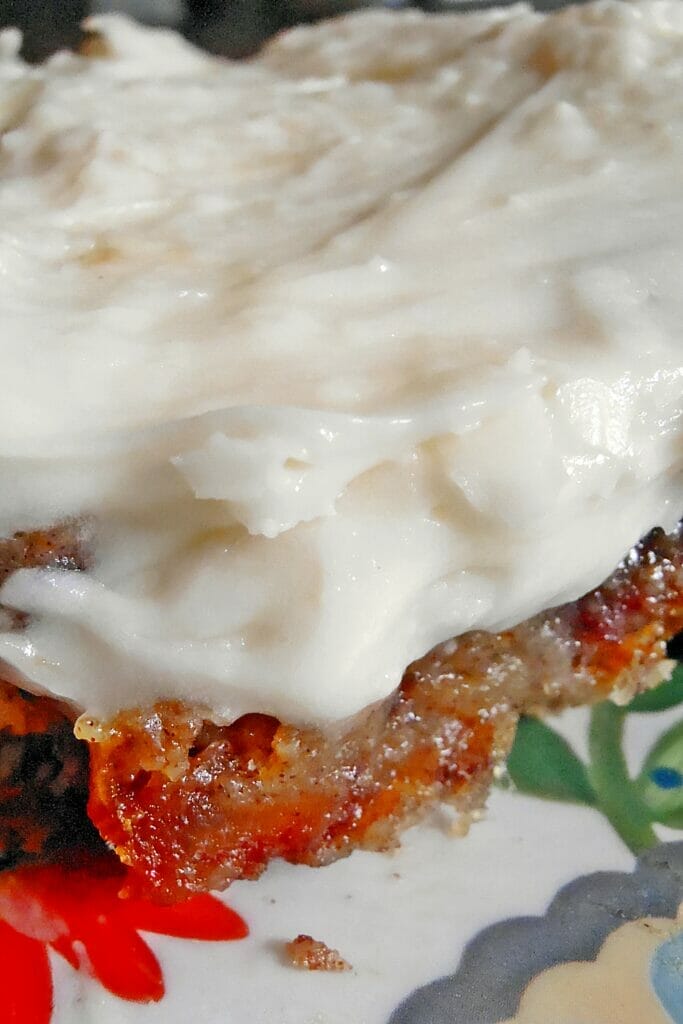 Close up of Date Cake with Cream Cheese Frosting