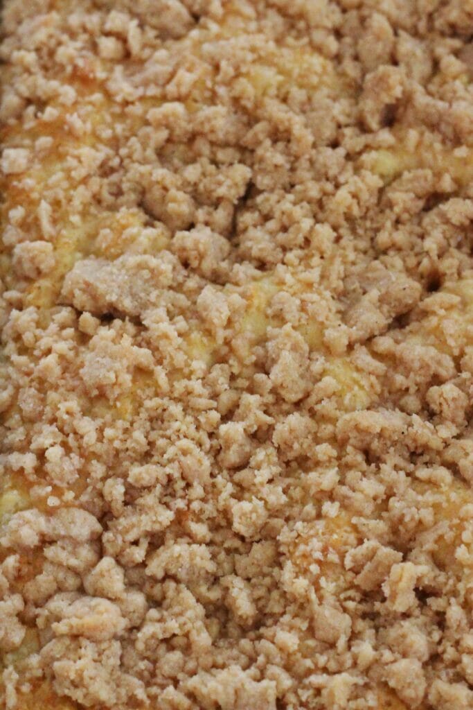 Closeup of the streusel topping of a pineapple coffeecake.